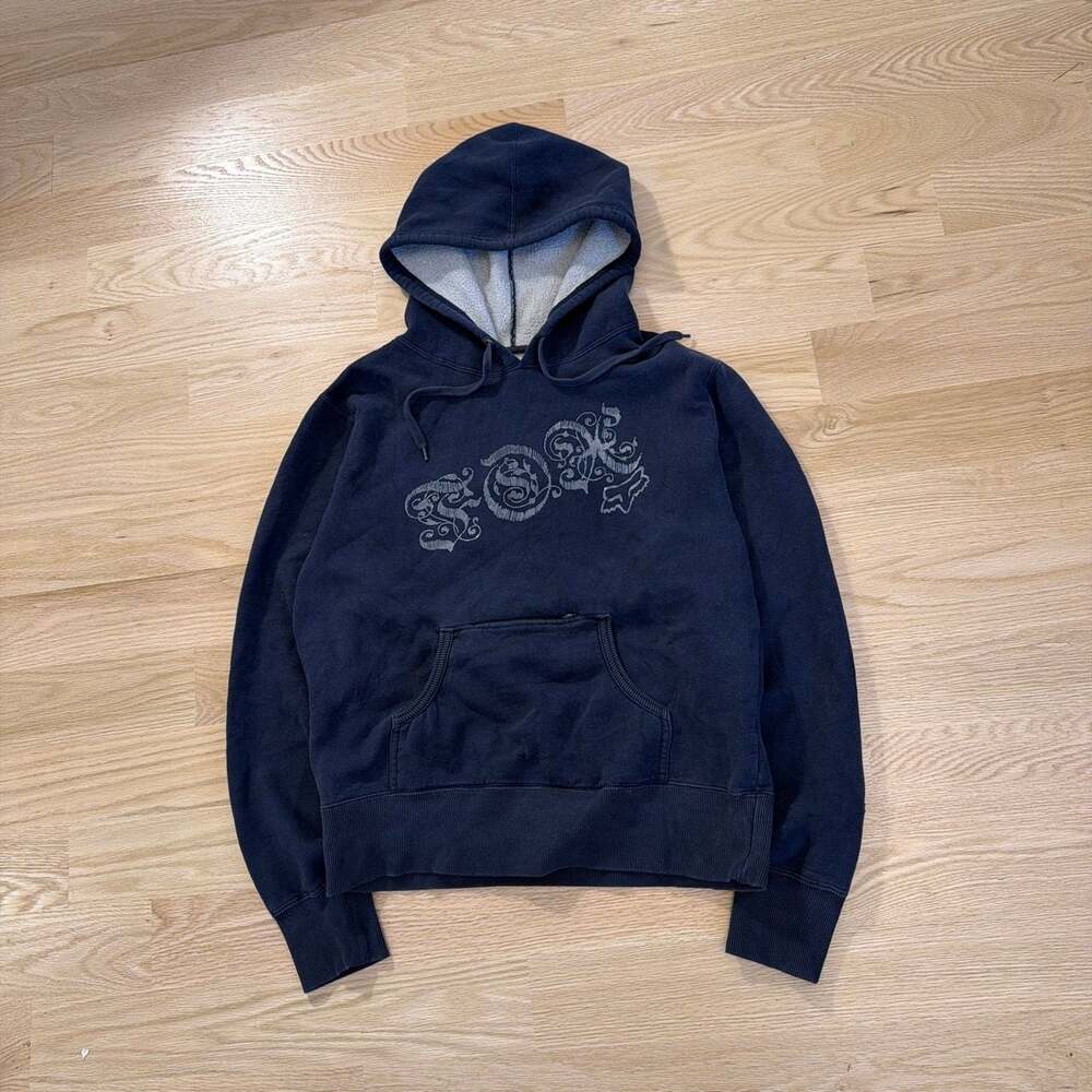Fox Racing Vintage Y2K Embroidered Calligraphy Logo Hoodie Navy Size M